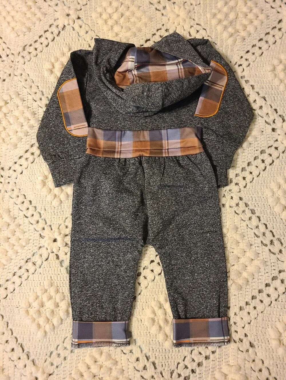 New !! 6/9 Months Baby Hooded Jumpsuit with Plaid Accents - Gray & Brown